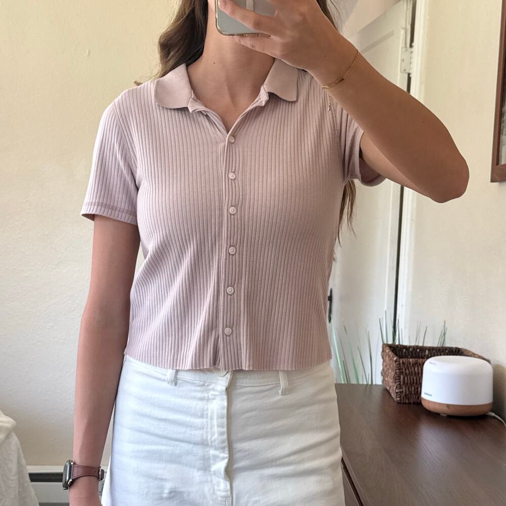 Abercrombie & Fitch Pink Ribbed Button Front Polo Top Size Medium